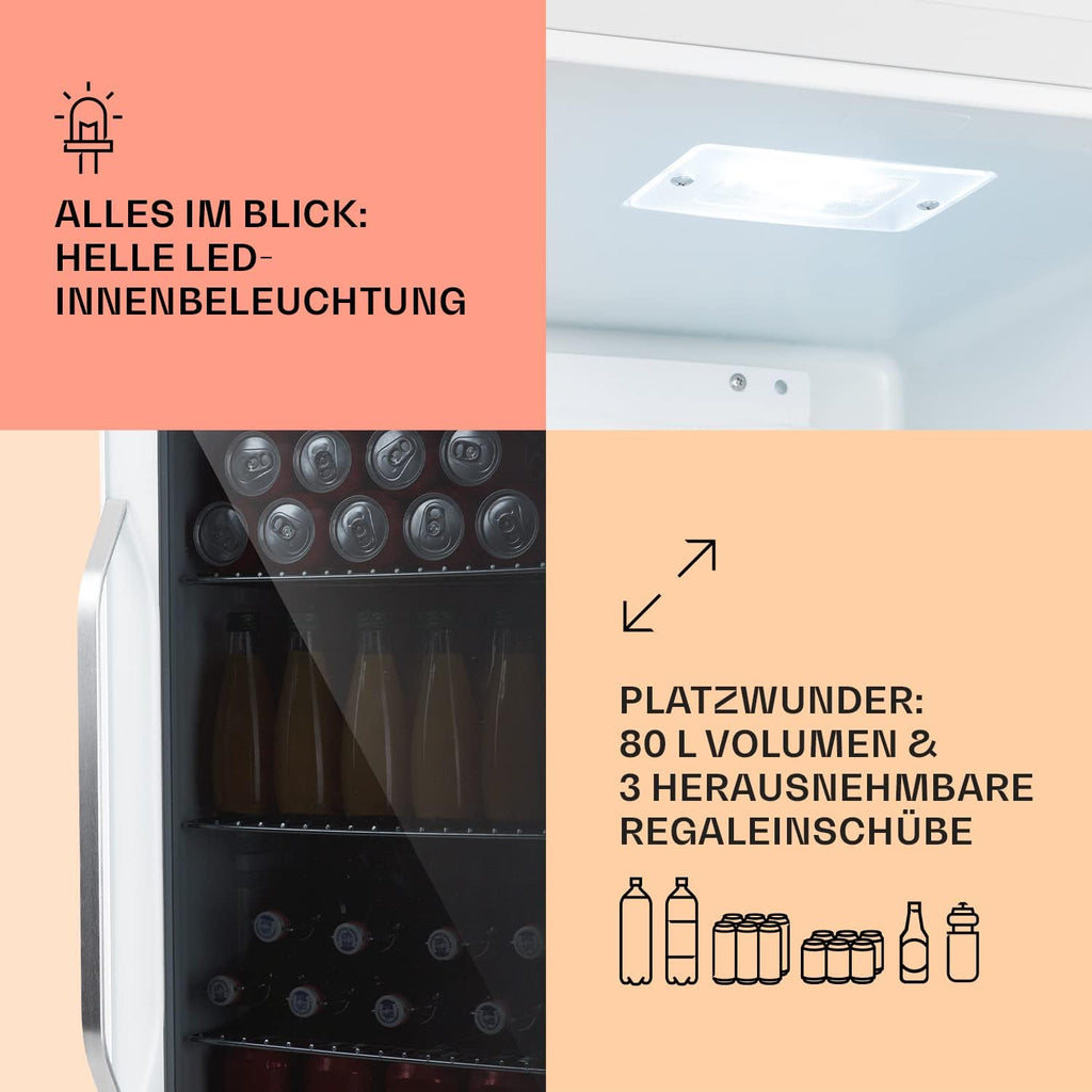 Mininevera Klarstein con puerta de cristal para habitaciones, refrigerador de bebidas con estantes ajustables, pequeño de 80 litros, frigorífico silencioso para interiores/exteriores