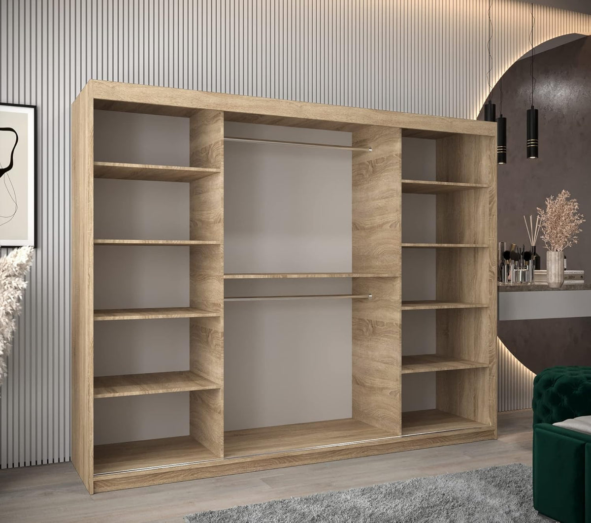 ABIKSMEBLE York 1 250 Armario de 2 puertas correderas para dormitorio - Armario moderno con espejo, barra y estantes - 250x200x62 cm (ancho x alto x fondo) - Sonoma + blanco mate
