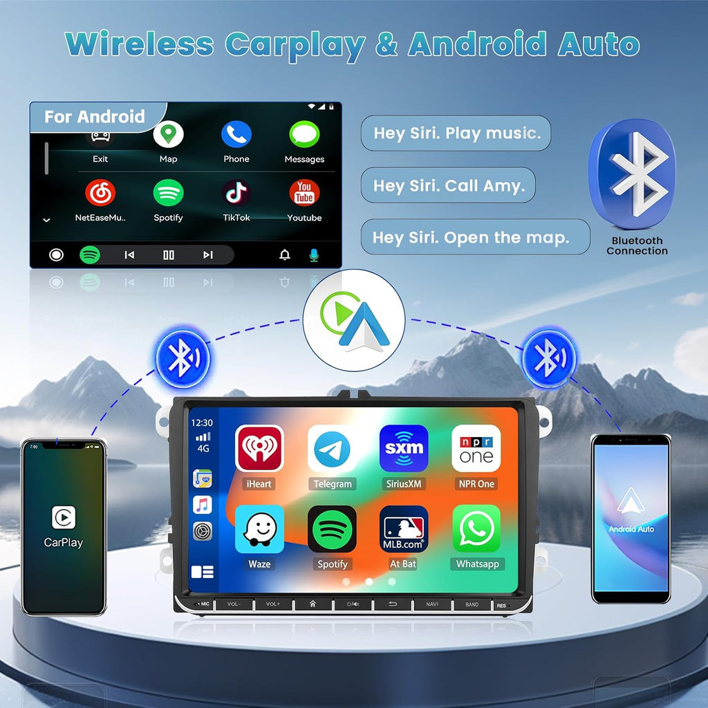 Ohradio 2G+64G 9" Android 15 Autorradio para VW Golf Polo Touran Caddy Passat Seat Estéreo con CarPlay inalámbrico Android Auto GPS FM/RDS Radio WiFi 2USB + Cámara de visión trasera + MIC - 2DIN