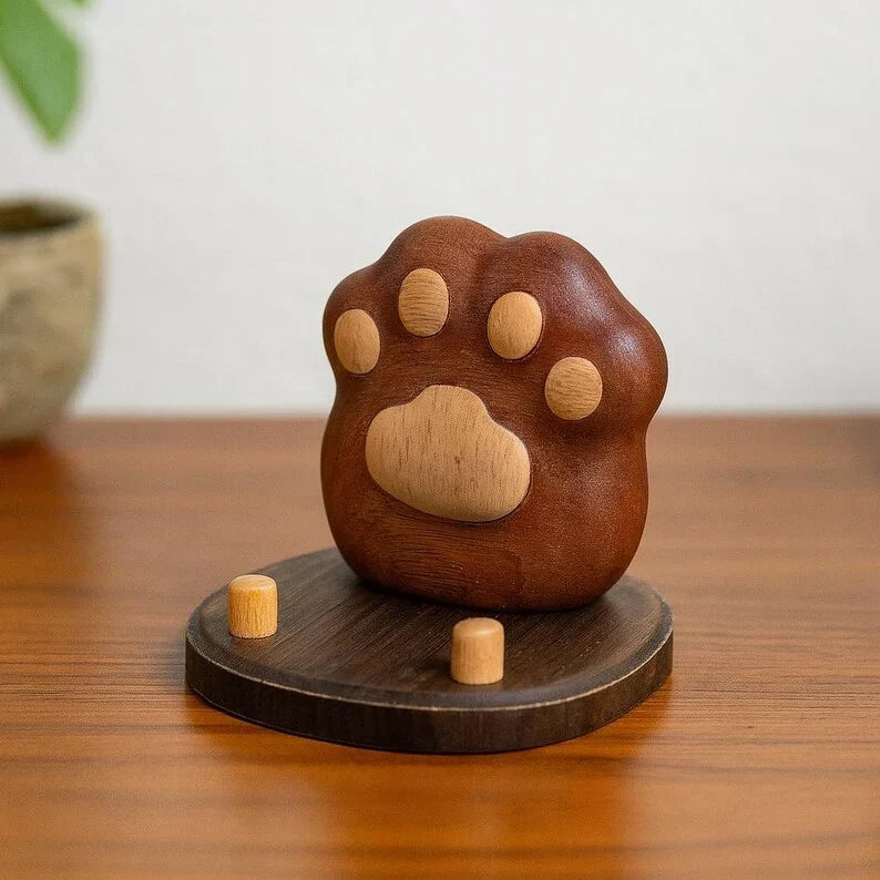 Soporte de madera hecho a mano para teléfono móvil con diseño de huella de perro, organizador de escritorio, madera natural