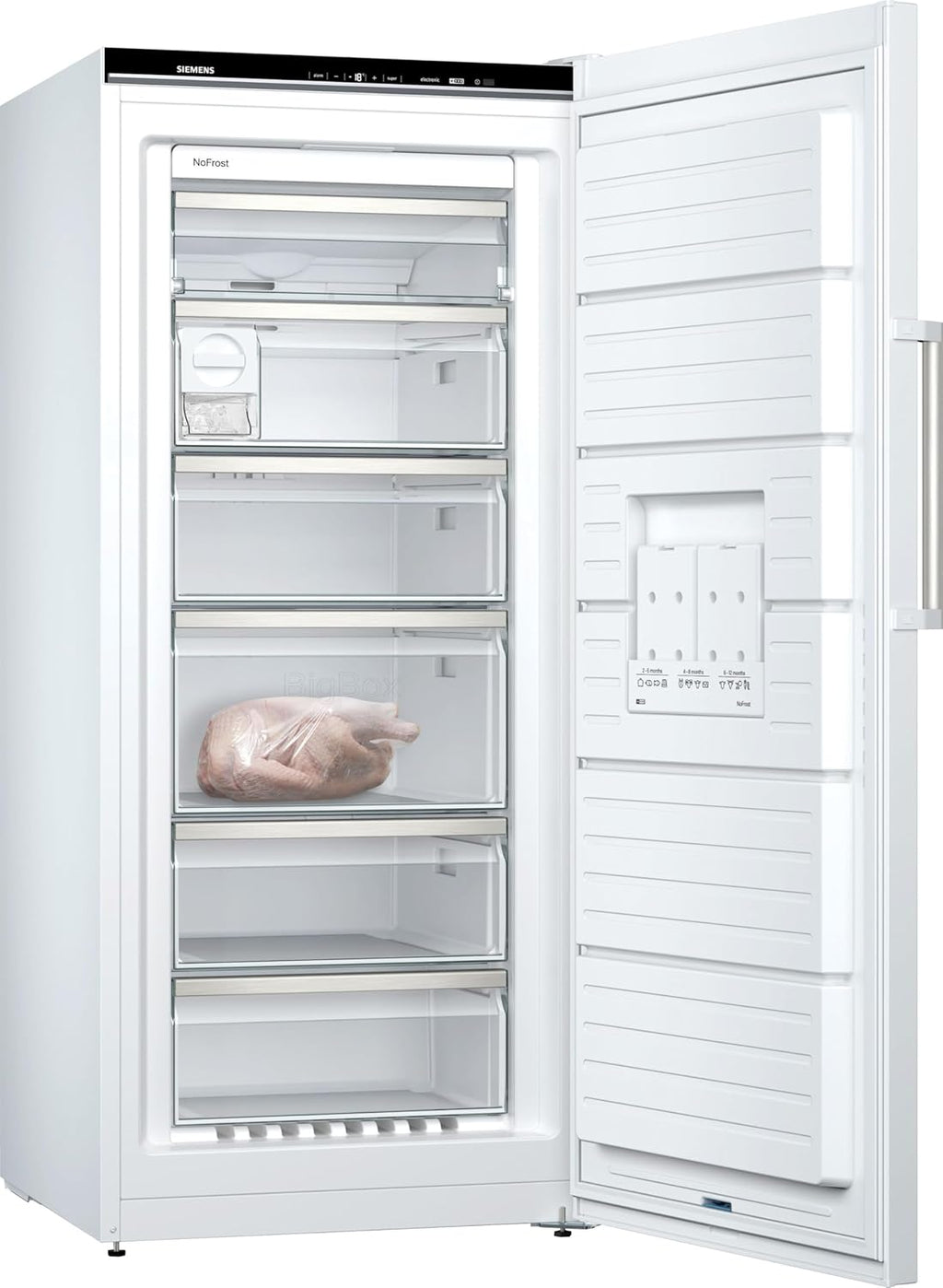 Congelador independiente Siemens GS51NAWCV iQ500, 161 x 70 cm, 289 L, noFrost nunca más tendrá que descongelar, bigBox espacio para alimentos congelados grandes, varioZone estantes y cajones de cristal flexibles, blanco