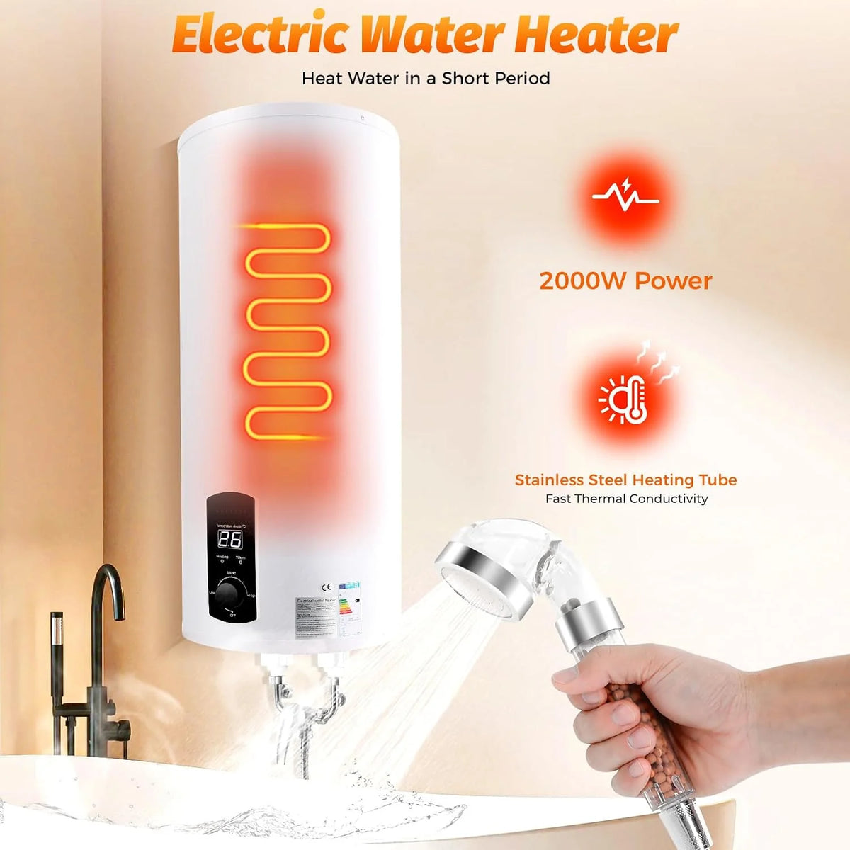 Elektryczny zbiornik ciepłej wody, 2000 W, 60 l, wiszący na ścianie, akumulator elektryczny, 25-75°C, z zabezpieczeniem przed wyciekiem, wtyczka G1/2, do kuchni, toalet