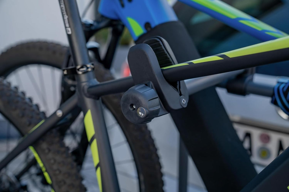 Portabicicletas de enganche Fischer ProlineEvo 2, para 2 bicicletas hasta 60 kg de carga útil, apto para bicicletas eléctricas, premontado, bloqueable, plegable