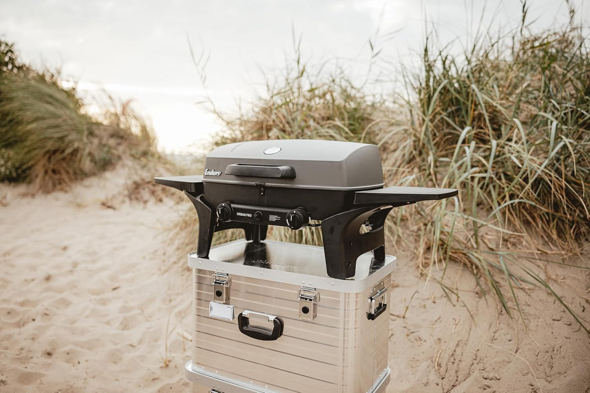 EndersGasgrill Urban II Pro, parrilla de mesa, función de asado, cocción y horneado, 2 quemadores de acero inoxidable, con termómetro para parrilla, parrilla para balcón y camping, carcasa de aluminio fundido, rejilla de hierro fundido, #2062