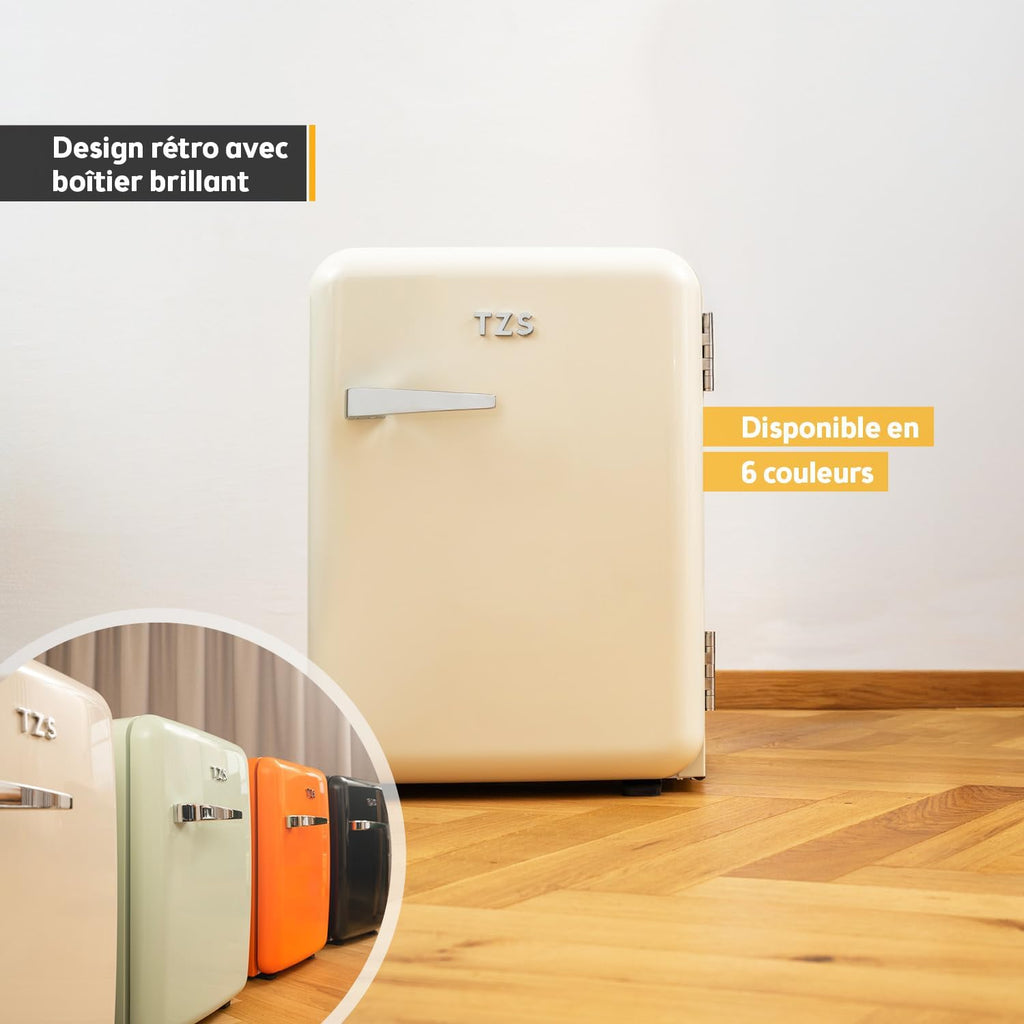 TZS First Austria - Mininevera retro silenciosa de 40 L - Pequeño minirrefrigerador de diseño vintage con luz interior y 2 compartimentos en la puerta - Minibar para camping, oficina, dormitorio y hotel - Crema