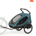 hauck Remolque de bicicleta y cochecito Dryk Duo Plus con suspensión, para 2 niños (6-48 meses), incluye barra de tiro, rueda de cochecito, bandera y luz LED, plegable, altura ajustable, maletero XL (verde oscuro)