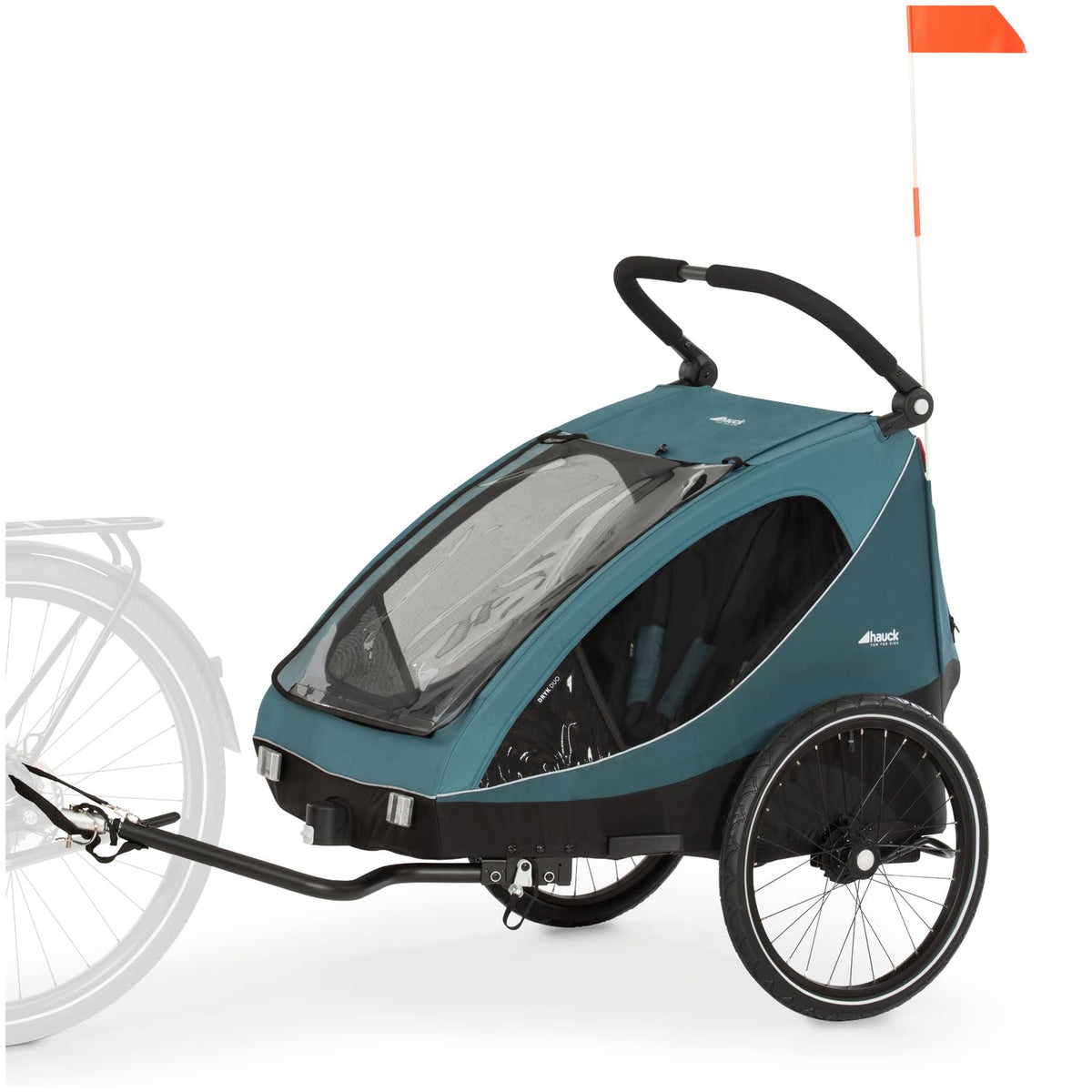 hauck Remolque de bicicleta y cochecito Dryk Duo Plus con suspensión, para 2 niños (6-48 meses), incluye barra de tiro, rueda de cochecito, bandera y luz LED, plegable, altura ajustable, maletero XL (verde oscuro)