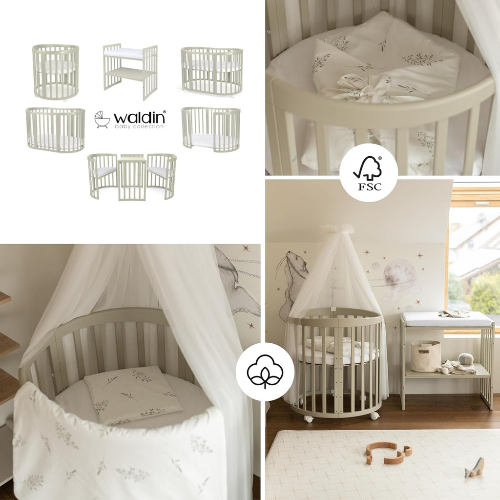 Cuna ovalada evolutiva Waldin, set completo 7 en 1, cuna de barrotes, cama infantil con colchón, cambiador, cuna colecho, madera blanca
