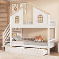 Cama alta Merax 90x200cm, litera infantil para 2 niños, cama casita con escalera, almacenaje y cajones, cama tipo casa del árbol con ventana y techo, protección anticaídas y somier, pino+MDF, sin colchón, blanca