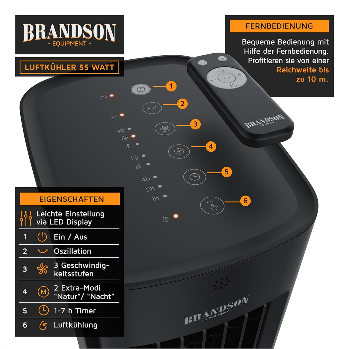 Brandson - Enfriador de aire por agua 5 en 1 - Enfriador evaporativo, humidificador, ventilador y purificador de aire, aire acondicionado portátil sin tubo de escape - Galardonado 2025 - silencioso - depósito de agua de 5 L