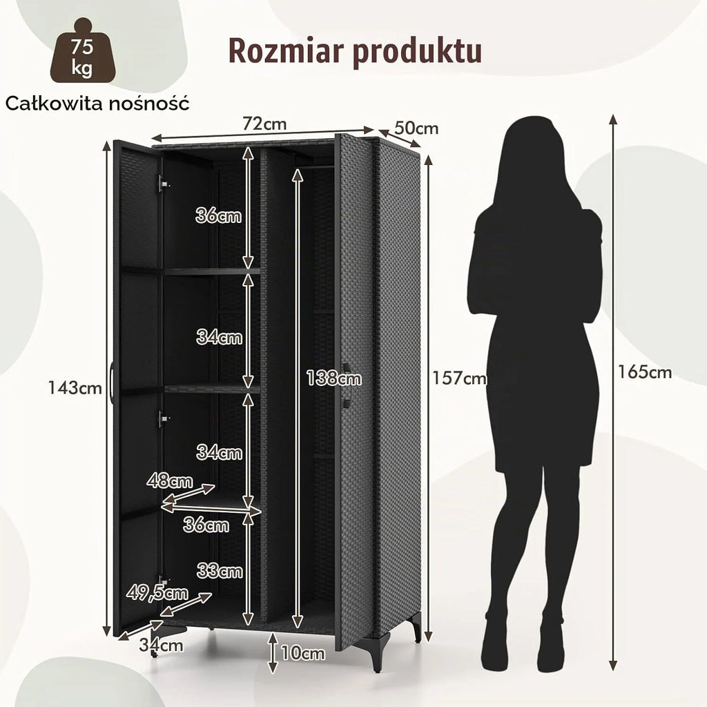 COSTWAY Szafka ogrodowa, rattanowa, szafa na ubrania, szafka do przechowywania na zewnątrz, z drążkiem wiszącym i 2 drzwiami, odporna na warunki atmosferyczne, szafa tarasowa, szafka na narzędzia do