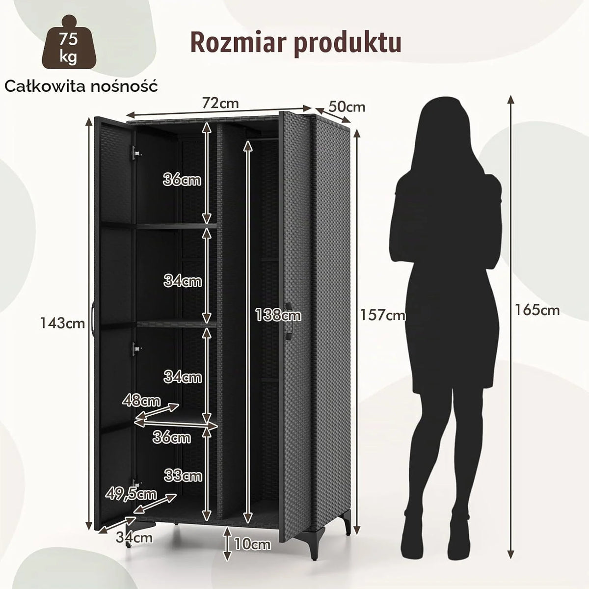 COSTWAY Szafka ogrodowa, rattanowa, szafa na ubrania, szafka do przechowywania na zewnątrz, z drążkiem wiszącym i 2 drzwiami, odporna na warunki atmosferyczne, szafa tarasowa, szafka na narzędzia do