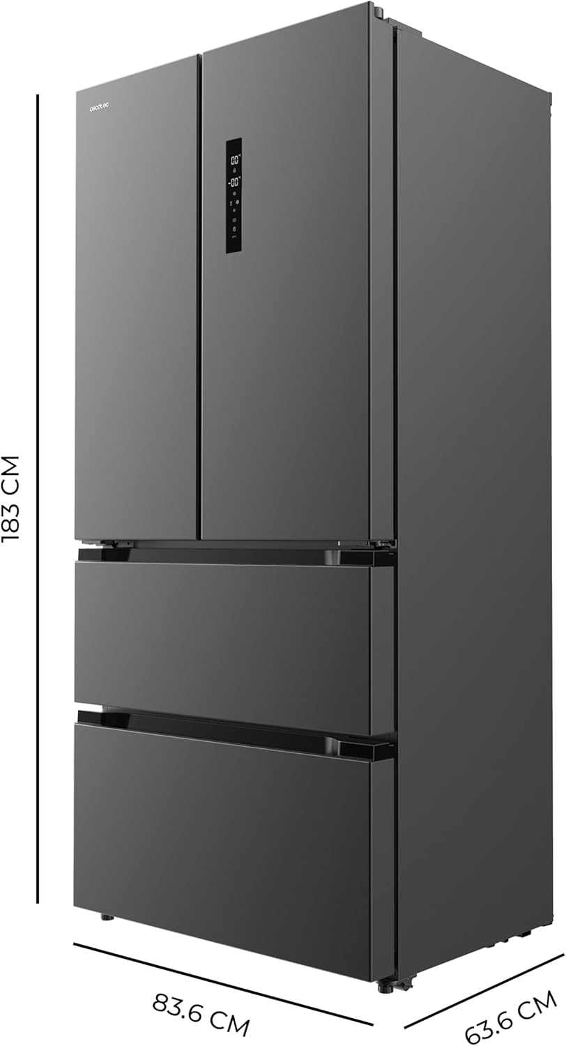 Frigorífico congelador de puerta francesa Cecotec Bolero CoolMarket FD 436 Dark E. 436 L, Total No Frost, Multi Airflow y compresor inverter para ahorro energético.