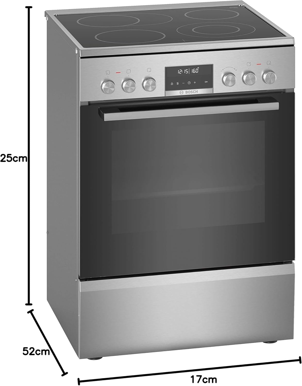 Cocina eléctrica de libre instalación Bosch Serie 4 HKR39C250, 60 cm de ancho, asistente de limpieza EcoClean Direct, aire caliente 3D para hornear en 3 niveles, control por pantalla LED, zona de cocción ampliable para recipientes grandes