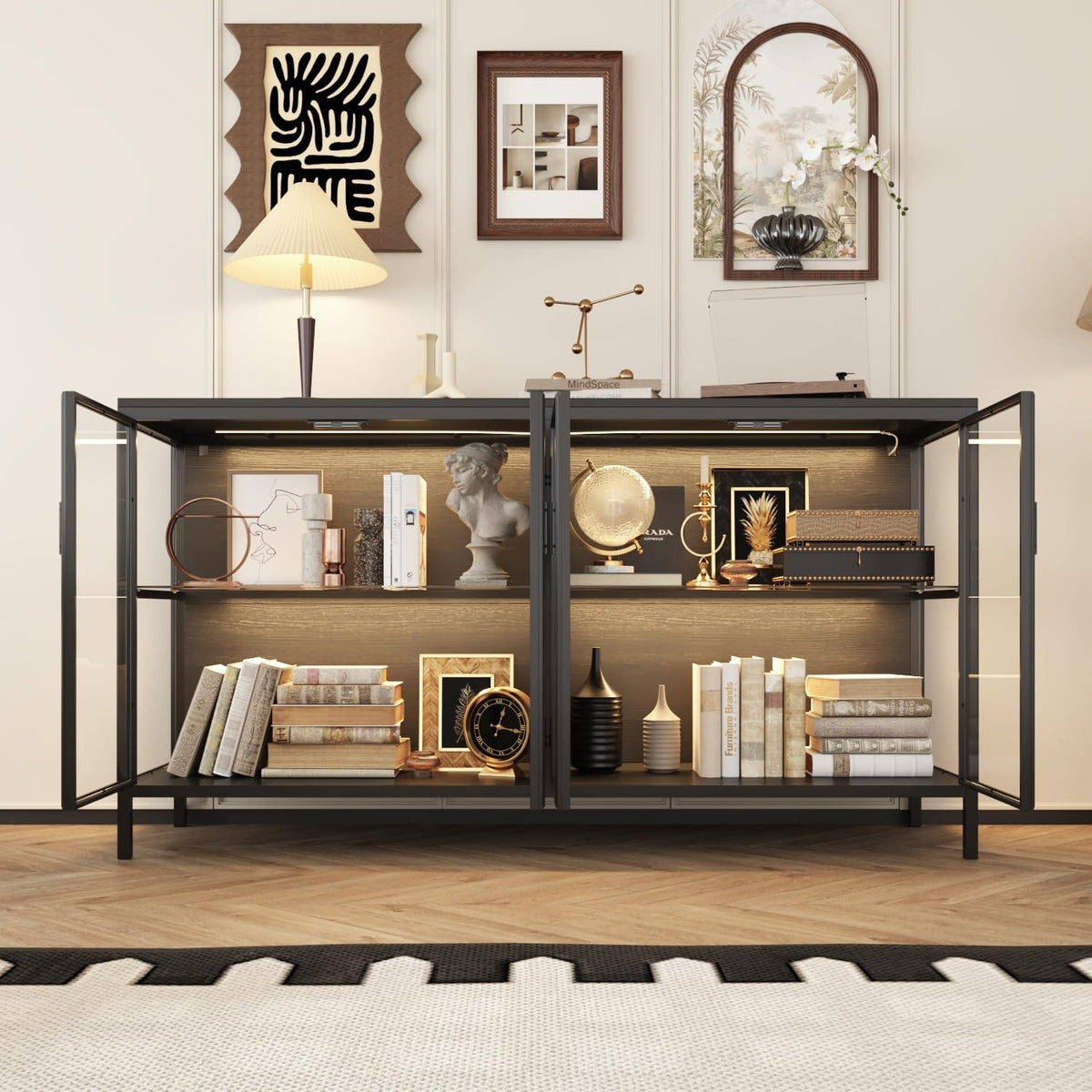 Vitrina moderna Caldion con iluminación LED, 140×40×75 cm, armario expositor de vidrio templado y MDF, hierro, vitrina de cristal con iluminación de 3 colores, para salón, oficina