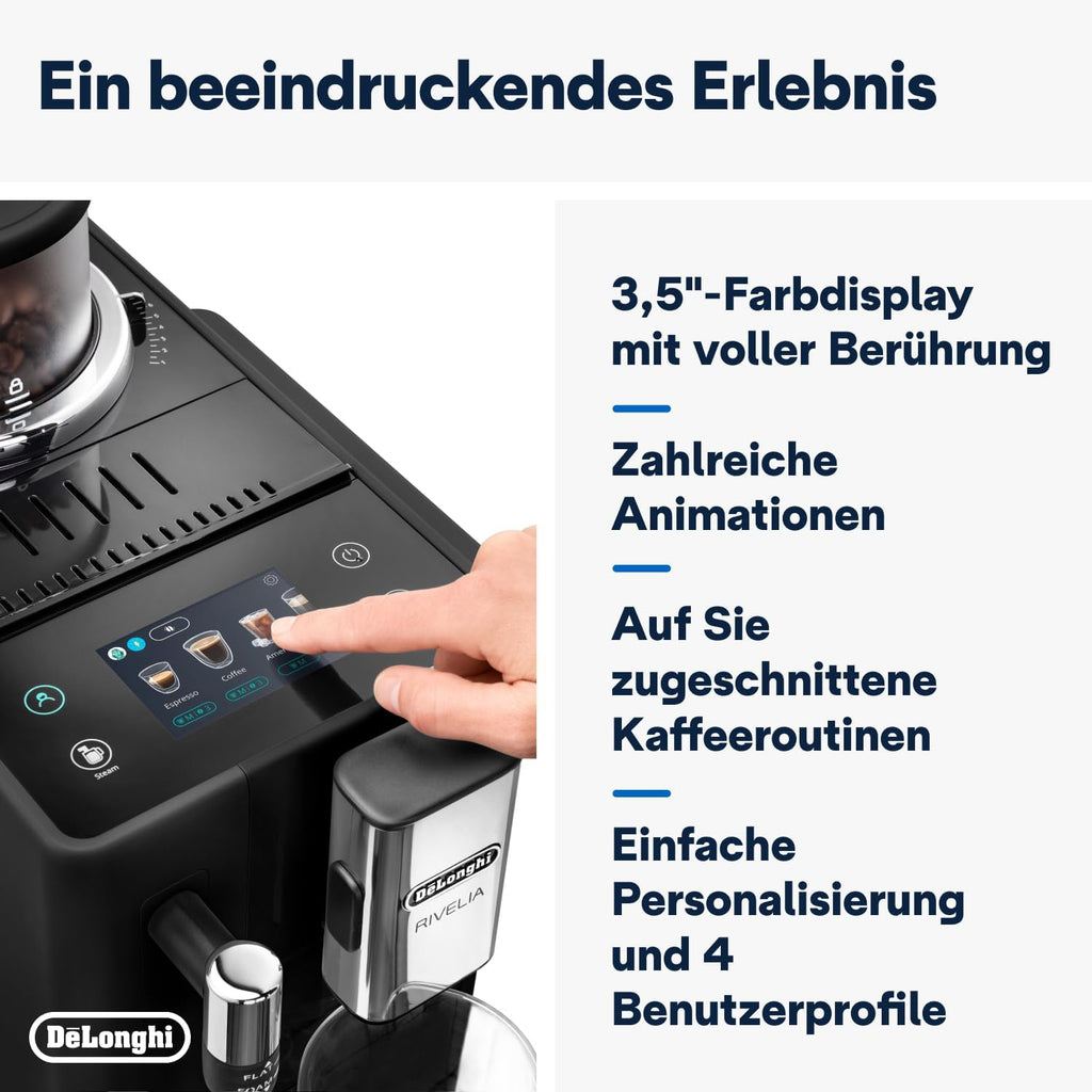 De'Longhi Rivelia EXAM440.35.B, Cafetera superautomática, granos recién molidos, contenedor de granos intercambiable, espumador de leche clásico, 8 recetas, pantalla táctil a color, negro