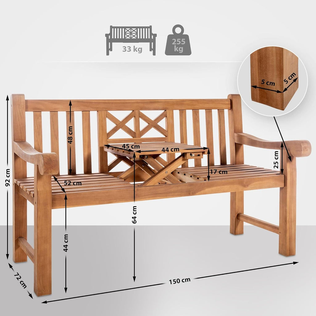 Banco de teca Luka de CLP | Banco de jardín resistente a la intemperie con mesa plegable, color: teca, tamaño: 150 cm
