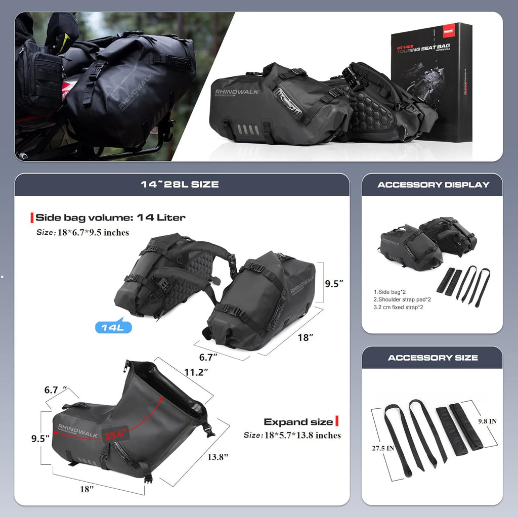 Rhinowalk Alforjas para Moto Impermeables Antivibración Bolsas Laterales de Motor Bolsos de Hombro para Moto 28L, 1 Par