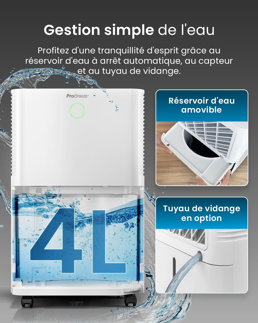 Deshumidificador de compresor inteligente Pro Breeze OmniDry 20L/día con depósito de agua de 4L, secado de ropa y sensor de humedad automático - Absorbedor de humedad, contra moho y condensación