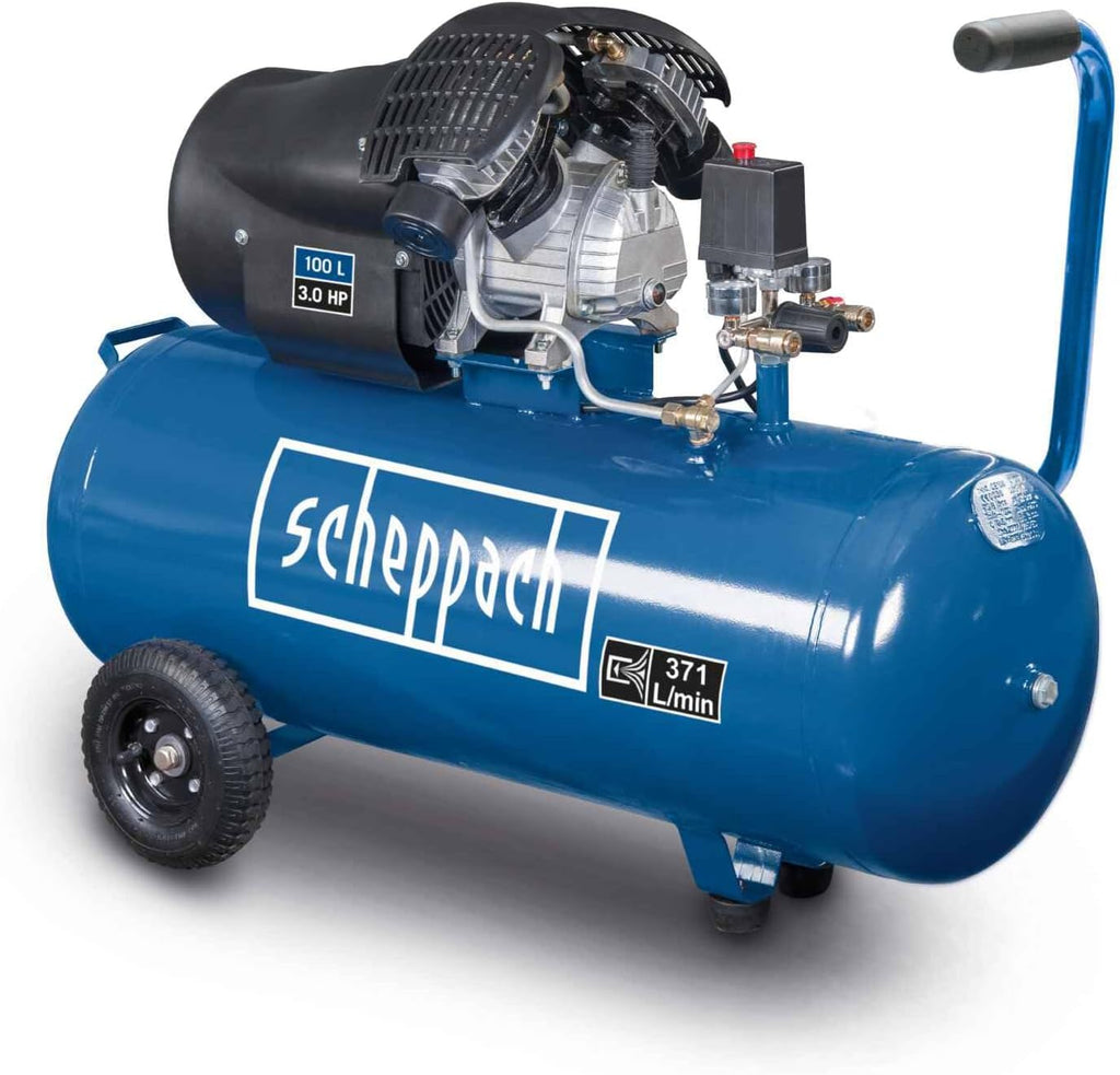Compresor de aire Scheppach HC120DC lubricado con aceite y duradero, potencia de 2200W, depósito de 100L, presión máx. de 10 bar, capacidad de aspiración de 371L/min, con dispositivo de desplazamiento, regulador de presión y acoplamientos rápidos