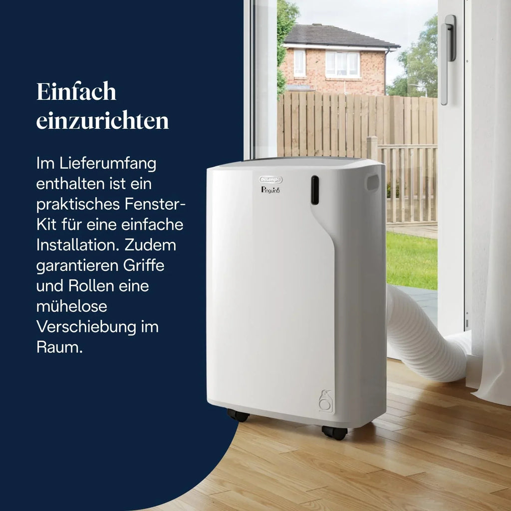 Acondicionador de aire portátil 3 en 1 De'Longhi Pinguino para hasta 27 m², 9400 BTU, silencioso, mando a distancia, 24 h, clase energética A, PACEM82
