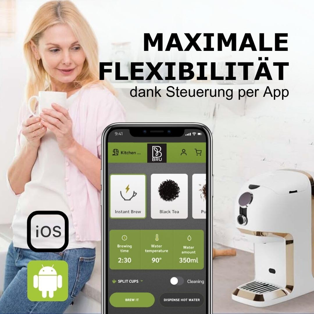 BRU Máquina de té para té a granel, hierbas y bolsitas de té - Dispensador de agua caliente y tetera en uno - SIN cápsulas, agua filtrada con solo pulsar un botón, sistema de limpieza automática (blanco/cromo)