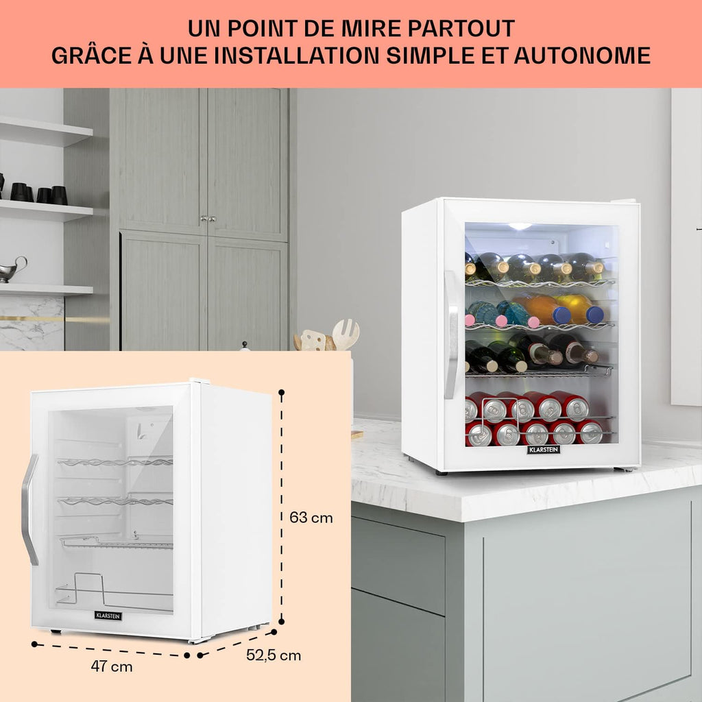 KLARSTEIN Mini nevera para dormitorio y oficina, nevera pequeña silenciosa, mini bar refrigerador de 60 L, frigorífico pequeño para camping, estantes ajustables, ondulados para vino, latas, nevera para cerveza