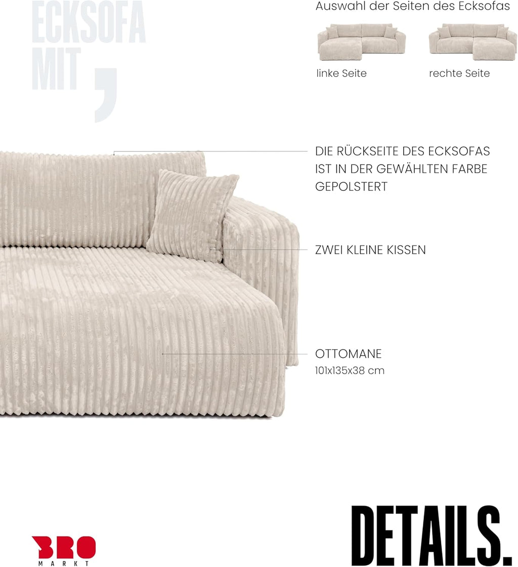 BROMARKT Sofá esquinero con función cama color crema, sofá en forma de L de tela de pana con arcón, sofá cama para salón con espacio de almacenamiento, sofá esquinero de 3 plazas, conjunto de salón 244x148x82 cm TILIO