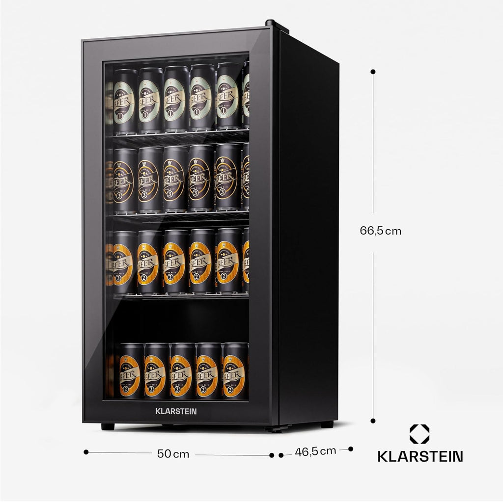 Mininevera Klarstein con puerta de cristal para habitaciones, refrigerador de bebidas con estantes ajustables, pequeño de 80 litros, frigorífico silencioso para interiores/exteriores