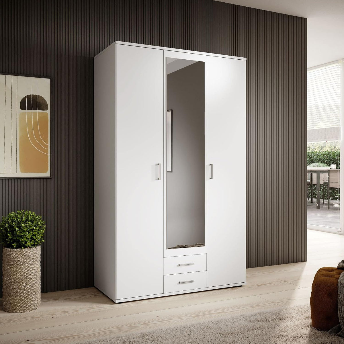 Stella Trading KARL Armario elegante de 3 puertas con gran espacio de almacenamiento - Armario versátil de puertas batientes en color blanco con puerta de espejo - 120 x 195 x 55 cm (ancho/alto/fondo)