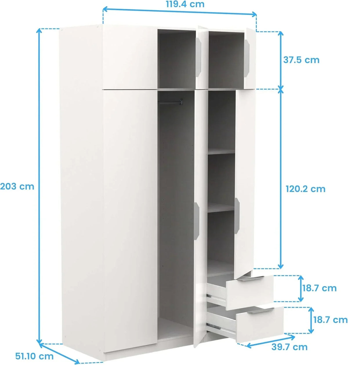 Armario Miroytengo Ghost grande de 6 puertas y 2 cajones, color blanco mate, 203x119 cm