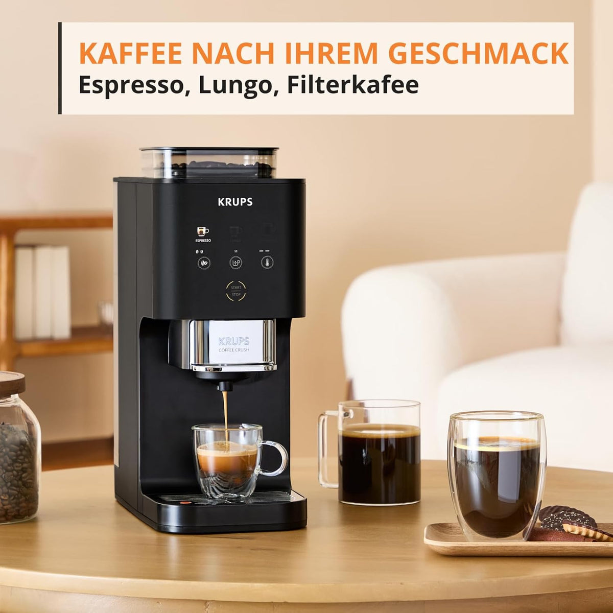 Cafetera automática Krups Coffee Crush  Extra, molinillo de acero inoxidable para café recién molido, solo 15 cm de ancho, panel de control inteligente, también para café premolido, limpieza fácil, negro, SA4028E0