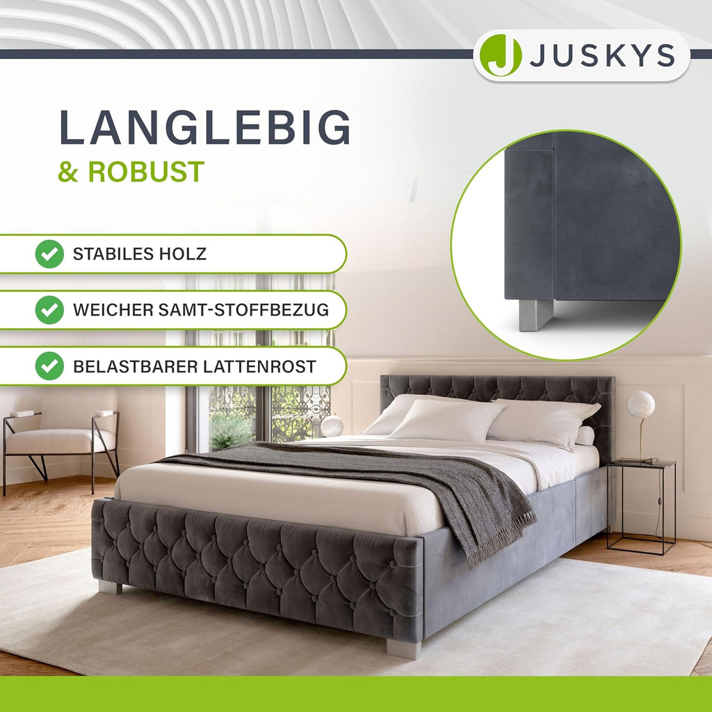 Cama tapizada Juskys Nizza 180x200 cm con colchón, estructura de cama con somier, almacenamiento y luz LED, tapizado de terciopelo, capitoné estilo Chesterfield, gris