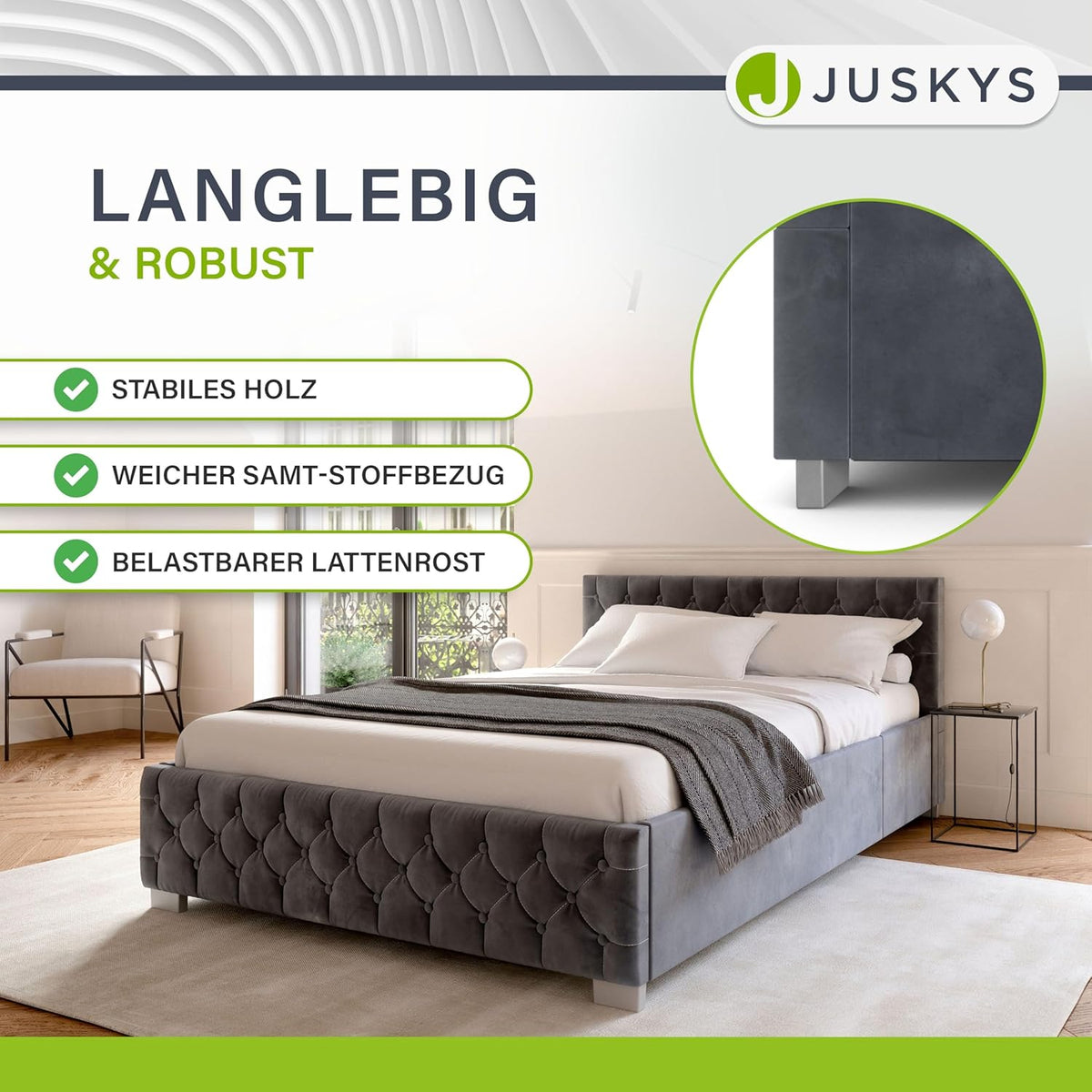 Cama tapizada Juskys Nizza 180x200 cm con colchón, estructura de cama con somier, almacenamiento y luz LED, tapizado de terciopelo, capitoné estilo Chesterfield, gris