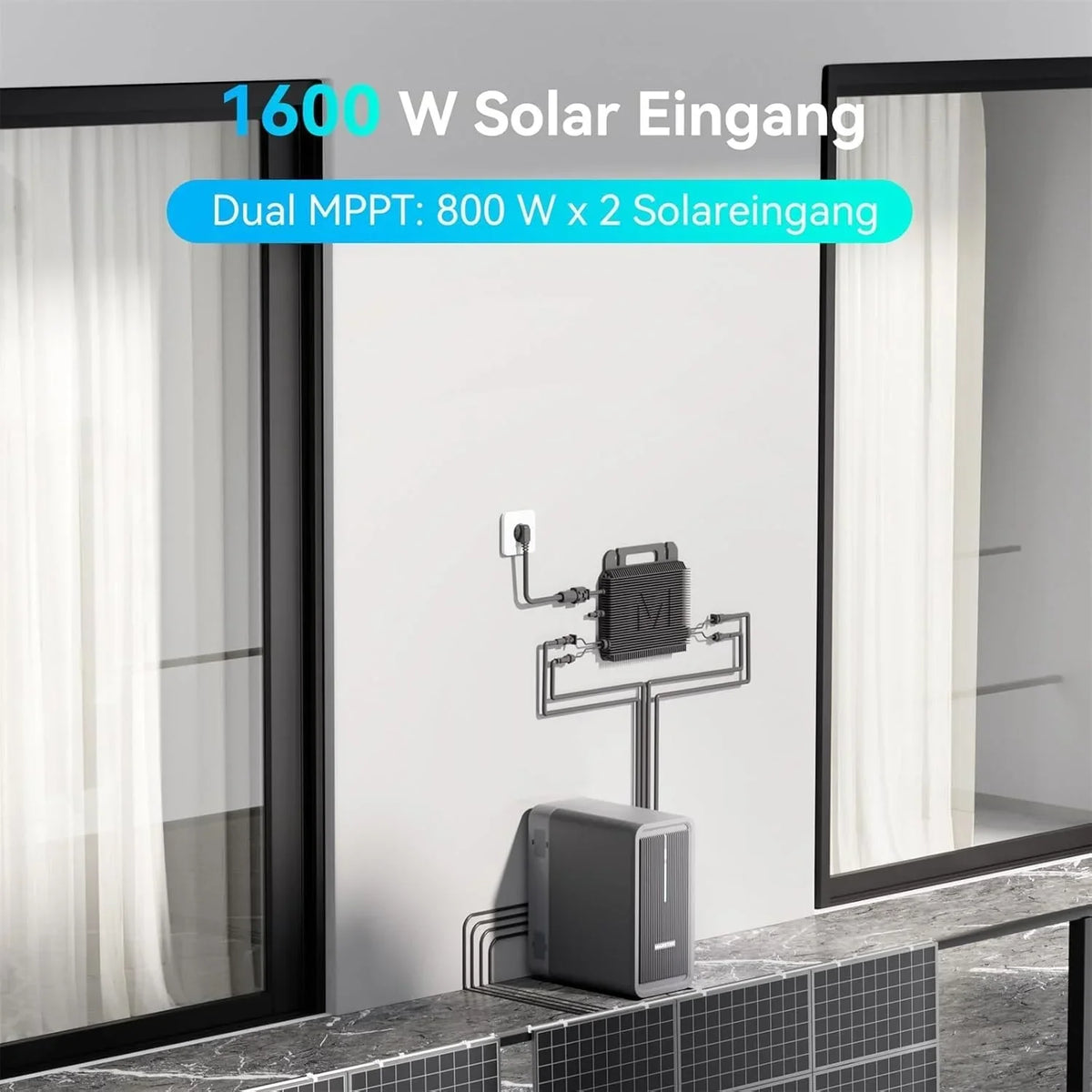 MARSTEK B2500 Almacenamiento para balcón solar, actualización 2025, 1600 W, solar, 2240 Wh, LiFePO4, 6000 ciclos, ampliable hasta 8960 Wh, IP65