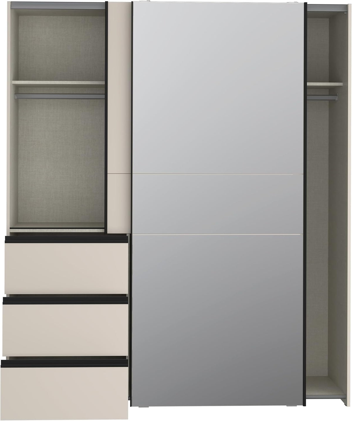 Armario moderno Forte Winn 2 de 170, armario con puertas correderas y espejo, 2 puertas, 3 cajones, madera, cachemira|beige, 170,3 cm de ancho x 200,5 cm de alto x 61,2 cm de fondo