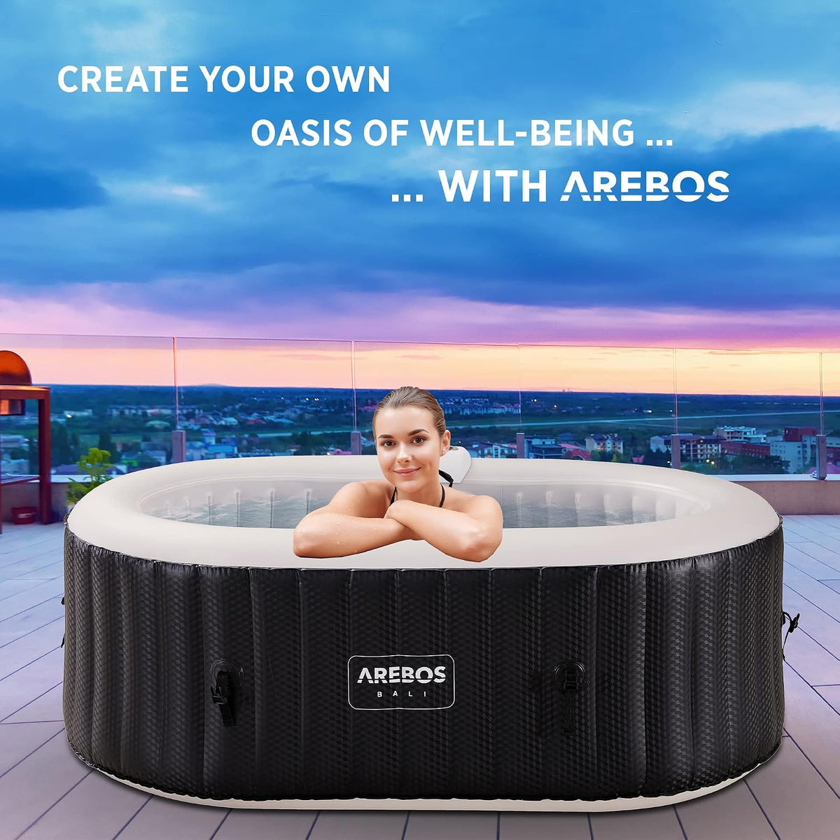 Jacuzzi Arebos con iluminación LED | Inflable | Interior y exterior | 190x120 cm ovalado | 2 personas | 90 boquillas de masaje | con calefacción | 550 litros | Incl. cubierta | Bubble Spa y masaje de bienestar
