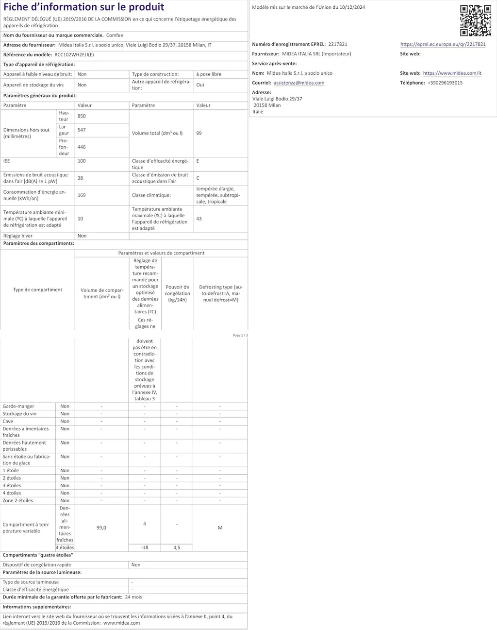 Comfee ' RCC102WH2EU(E) Wolnostojąca zamrażarka skrzyniowa 99L, konwertowalna do zamrażarki/lodówki, inwerter, 4 gwiazdki, nadaje się do garaży, biała [klasa energetyczna E]