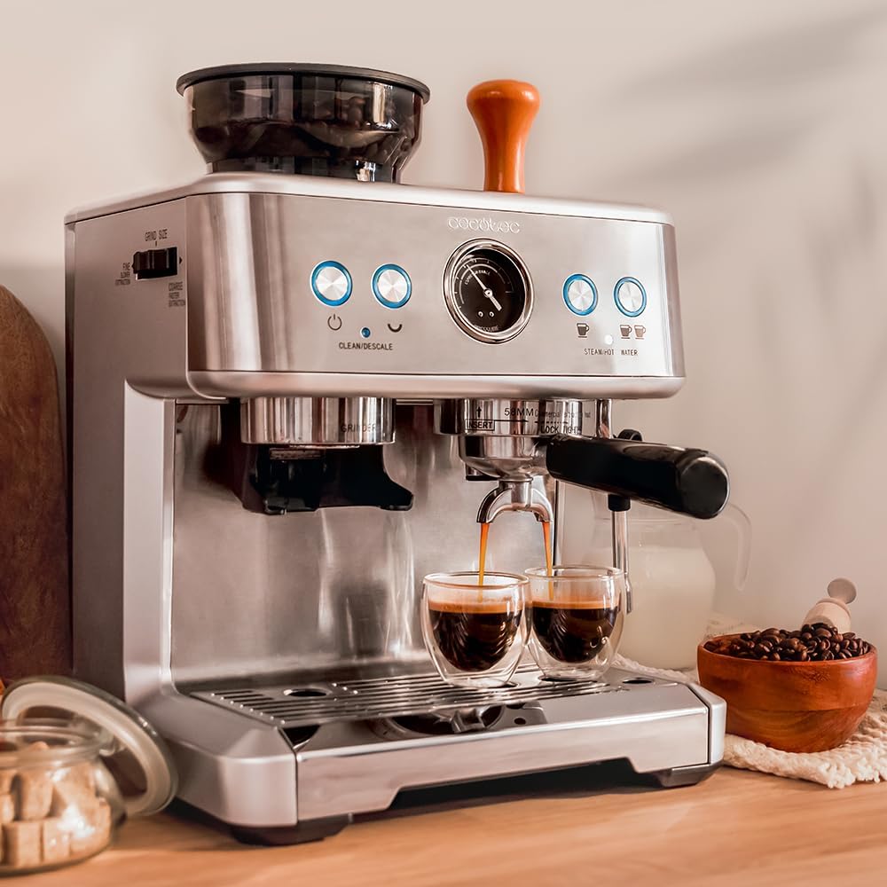 Cafetera express Cecotec Barista Power Espresso 20 Barista. 2250 W, 20 bares, manómetro y 2 thermoblocks, depósito de café en grano, molinillo con 20 niveles, vaporizador