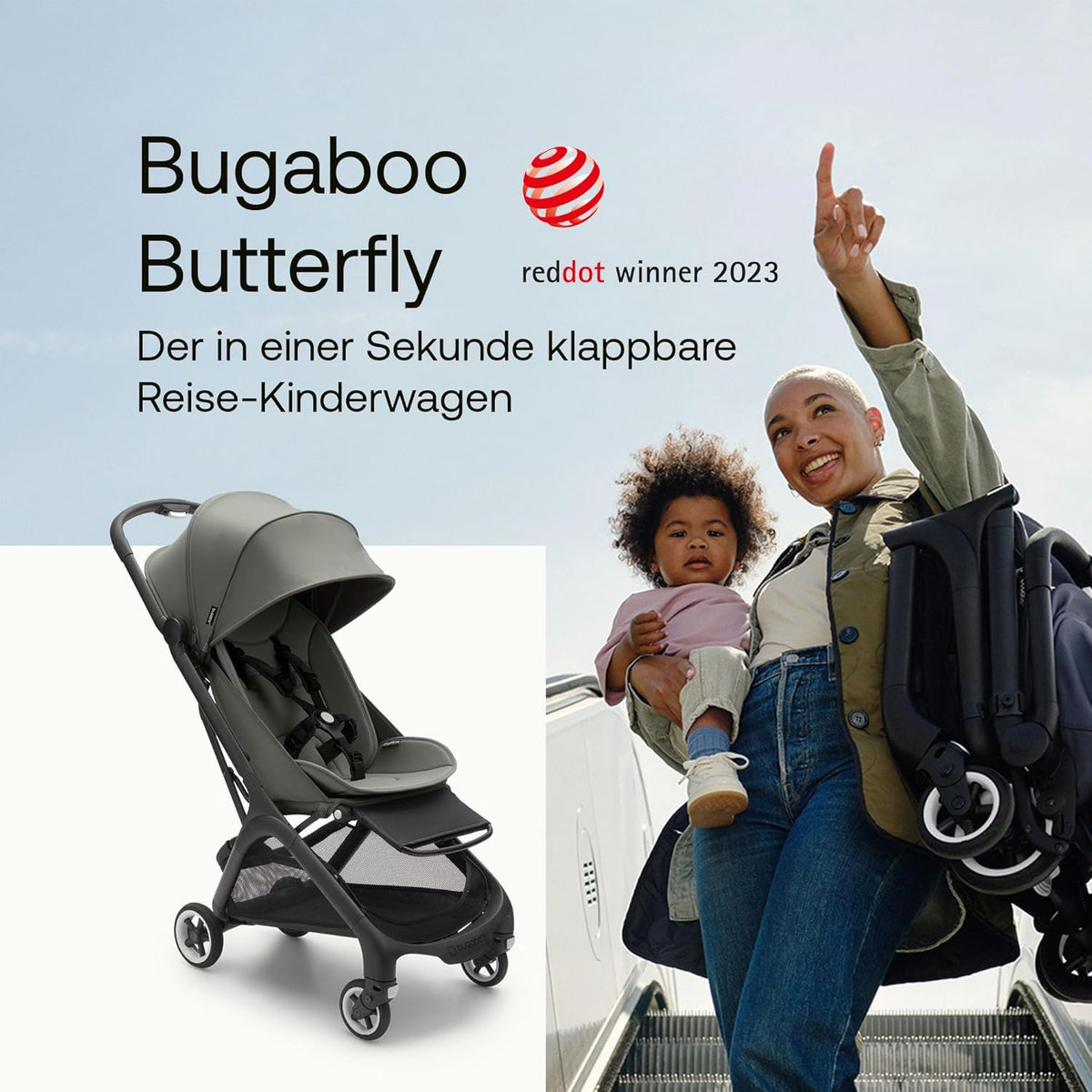 Cochecito de viaje ultracompacto Bugaboo Butterfly, pequeño y ligero, plegable con una sola mano y fácil de maniobrar, cochecito urbano ergonómico para bebés a partir de 6 meses, con mucho espacio de almacenamiento, Stormy Blue