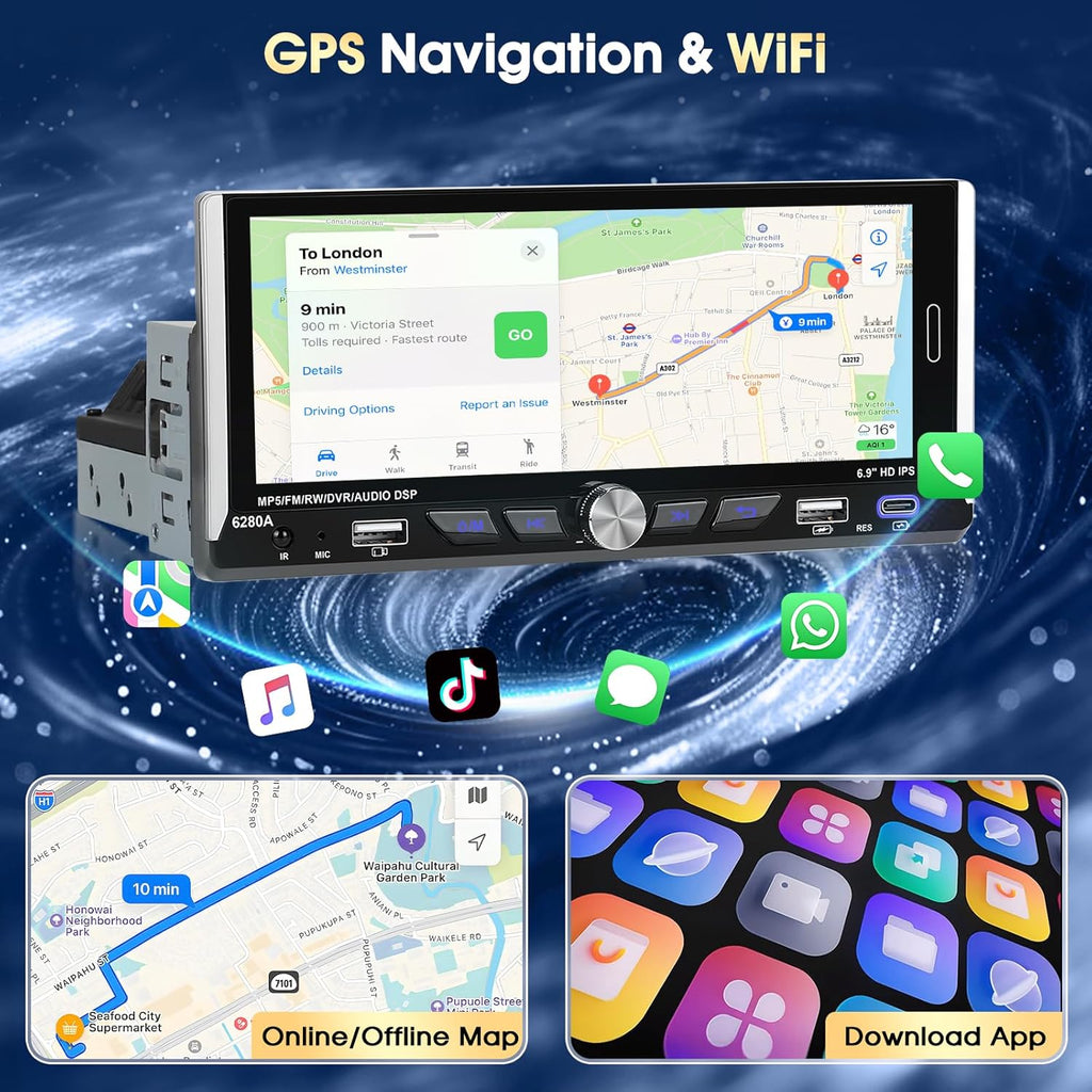 Autoradio Android 15 Motorsi con Apple CarPlay, pantalla táctil IPS de 6.9 pulgadas 1280P, 1 DIN, 4 núcleos, 2+64 GB, Bluetooth, GPS, DSP, Android Auto, WiFi, radio FM/RDS, cámara de reversa AHD y micrófono.