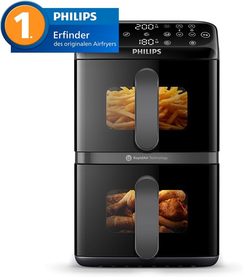 Philips Airfryer Serie 4000 de doble cesta apilada, freidora de aire de 2 compartimentos, 10 l, tecnología RapidAir, 45 % menos de espacio, revestimiento cerámico libre de PFAS, ventana de visualización (NA460/00)