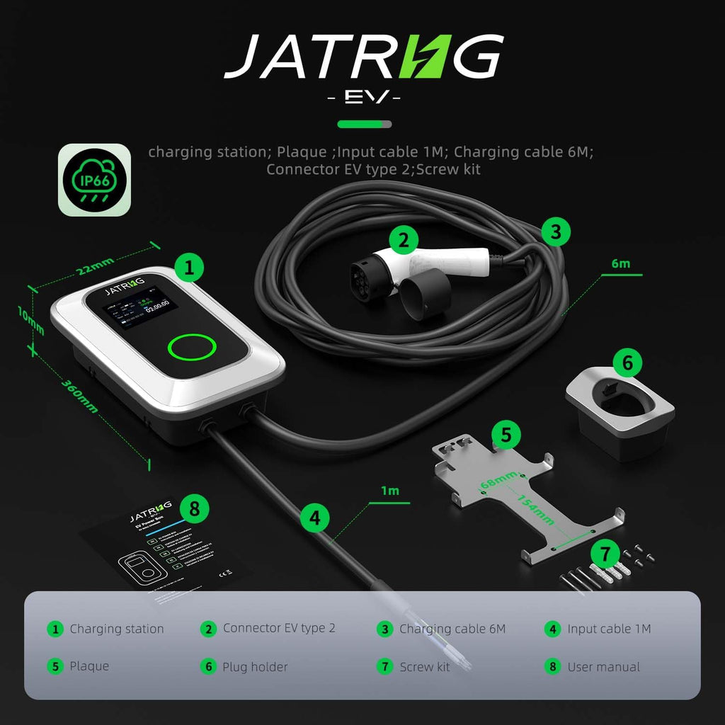 JATRHG S1 Estación de Carga para Vehículo Eléctrico 7kW 6M 32A Monofásica - Punto de Recarga Tipo 2 IEC 62196-2 - Cargador Rápido EV Wallbox