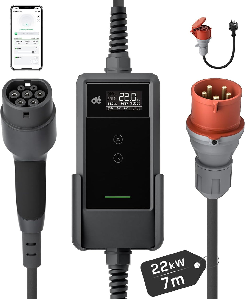Wallbox móvil/estación de carga de 22kW con aplicación [trifásica|7m|6-32A] con medidor de energía, cable de carga CEE 32A a tipo 2 y cargador de VE para Model Y/3, ID.3/4/5, MG4, EX30, e-up, e-tron y otros VE/Híbridos enchufables