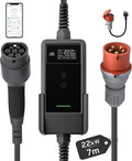 Wallbox móvil/estación de carga de 22kW con aplicación [trifásica|7m|6-32A] con medidor de energía, cable de carga CEE 32A a tipo 2 y cargador de VE para Model Y/3, ID.3/4/5, MG4, EX30, e-up, e-tron y otros VE/Híbridos enchufables