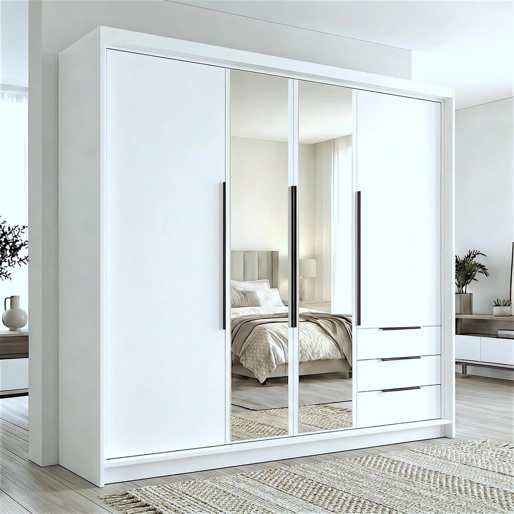 Armario de 4 puertas A und J MöbelLand VIVO con espejo y cajones - 200 x 215 cm - Armario de puertas batientes con barra para ropa y estantes