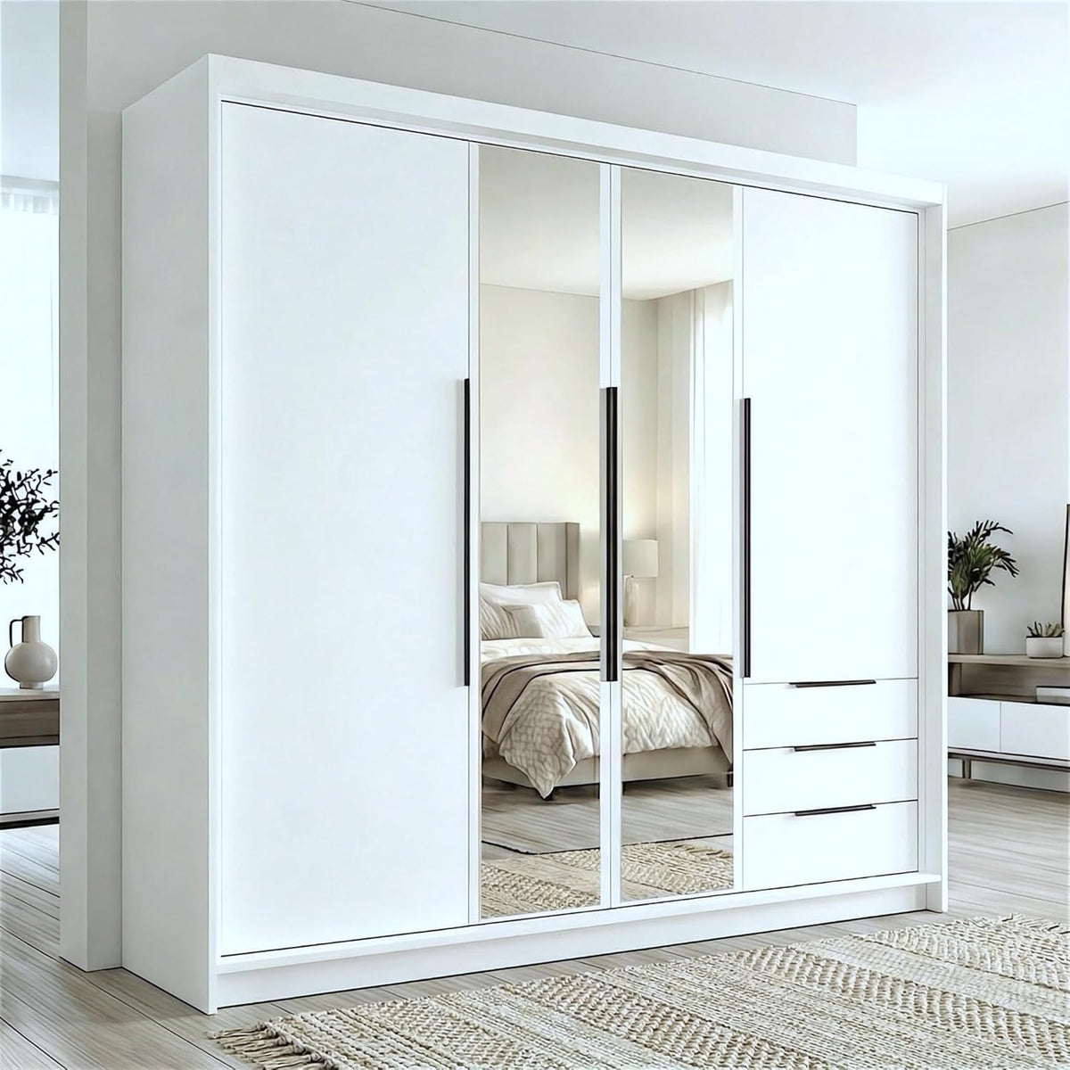 Armario de 4 puertas A und J MöbelLand VIVO con espejo y cajones - 200 x 215 cm - Armario de puertas batientes con barra para ropa y estantes