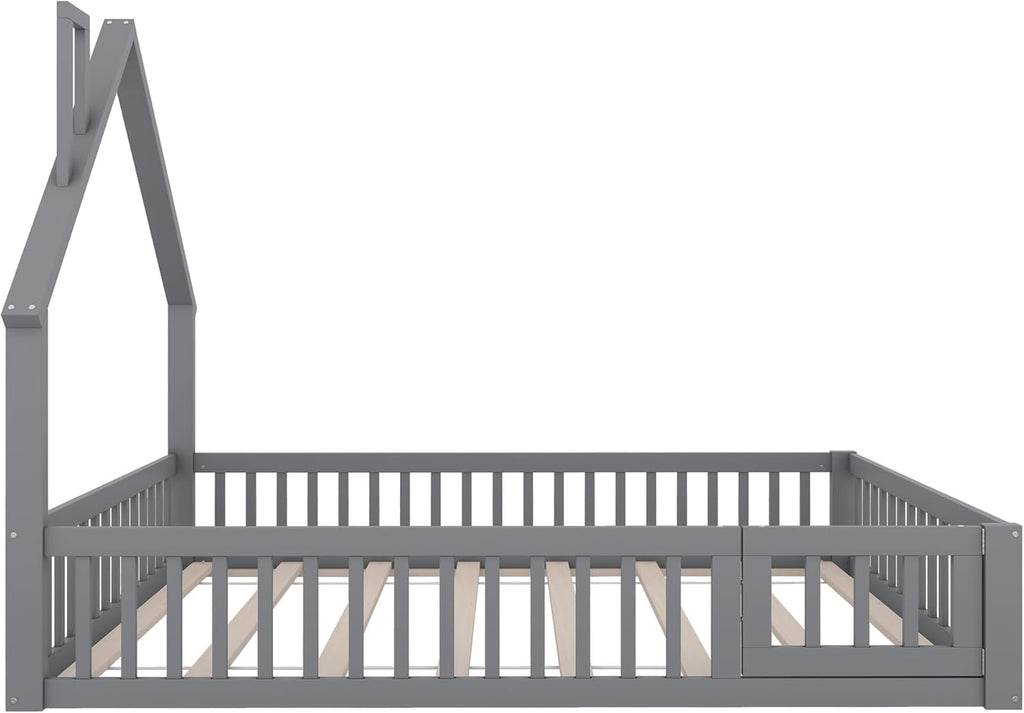 Cama infantil al suelo Merax 140x200 cm, cama casita con protección anticaídas y somier, forma de chimenea, valla abatible - Cama Montessori, cama juvenil, estructura de cama de madera (sin colchón), gris