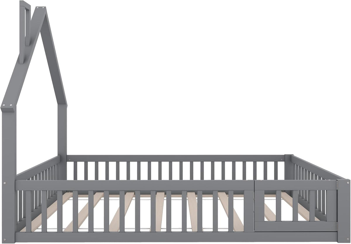 Cama infantil al suelo Merax 140x200 cm, cama casita con protección anticaídas y somier, forma de chimenea, valla abatible - Cama Montessori, cama juvenil, estructura de cama de madera (sin colchón), gris