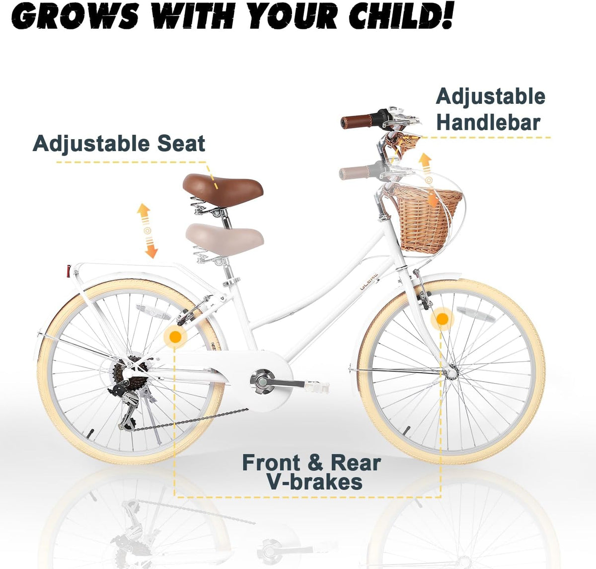 Glerc Missy 20, 24, 26 pulgadas bicicleta híbrida urbana tipo crucero para niñas, de 6 velocidades, con cesta de mimbre, para jóvenes mayores de 6 años, varios colores